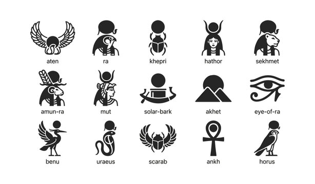 Ancient egyptian deity and symbol icons arranged on white