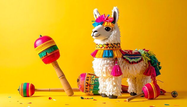Festive llama pi?ata with colorful maracas and confetti on a vibrant yellow background, ideal for celebration and party themes