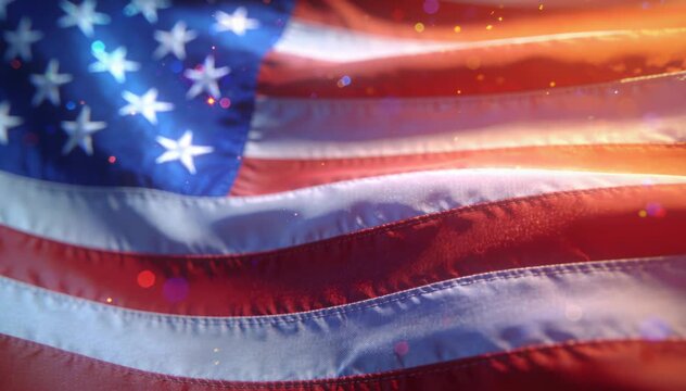 The American flag waves gently in the sunlight, showcasing its red and white stripes along with blue fields and stars. The light creates a vibrant background that enhances the colors