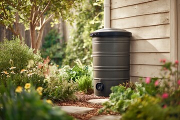 Obraz premium Rain barrel connected to downspout in backyard garden