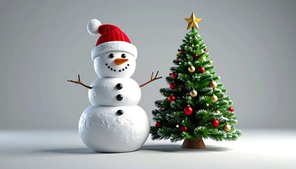 Fototapeta premium Festive snowman wearing a red Santa hat stands next to a decorated Christmas tree with ornaments and star, celebrating winter holidays