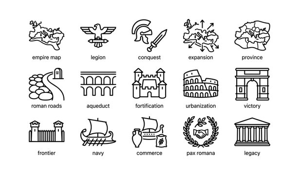 Roman empire icons showing maps, structures, navy and symbols