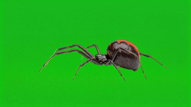 redback spider walking slow in isolated on green background