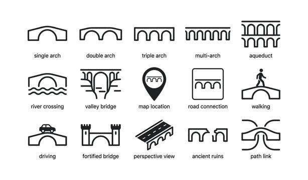 Bridge arch icons and crossing symbols on white background