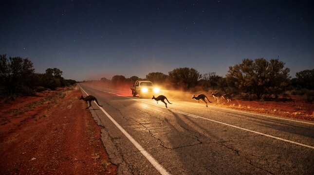 Kangaroos navigate a nighttime road crossing, highlighting wildlife interaction with human infrastructure and road safety challenges.