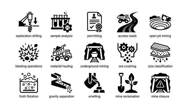 Mining icons showing extraction and processing on white background