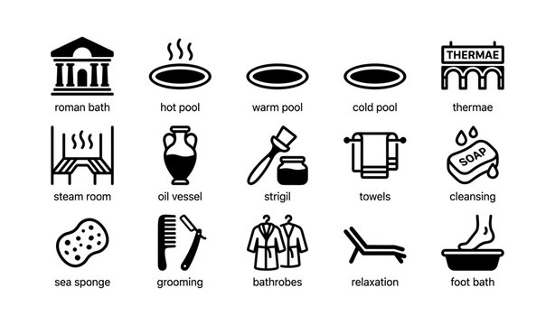 Spa and bathing icons displayed in grid on white background