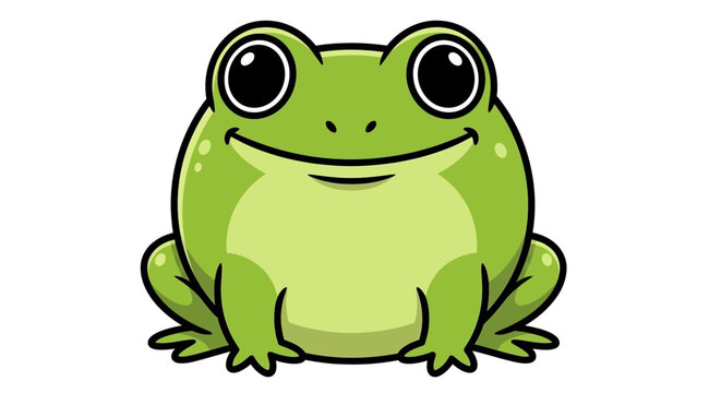 A cheerful cartoon illustration of a friendly green frog with a smiling expression