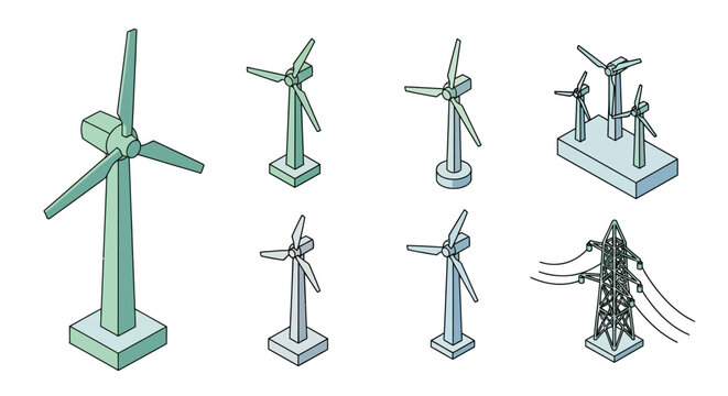 Isometric view of wind turbines and a power pylon symbolizing clean energy sources