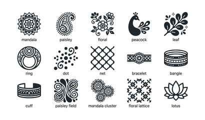 Obraz premium Decorative motif icons showing paisley mandala floral designs on white