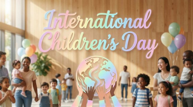 International Childrens Day celebration with diverse group of kids and parents. Multiethnic community joined together to support globe sign for unity, equality and education. Holiday event.