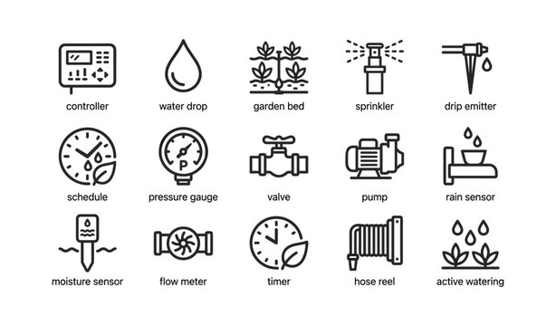 Irrigation and watering icons arranged in grid on white background