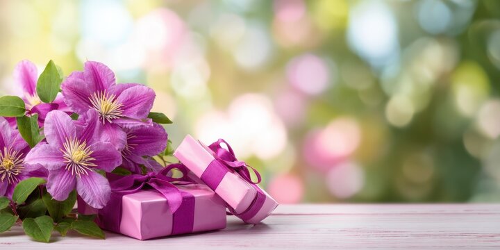 Clematis pink flowers and gift box stack on desk. Blur green natural bokeh background. Happy Mother's Day, Women's Day, Valentine or Birthday. Floral greeting card. Beautifully wrapped present banner