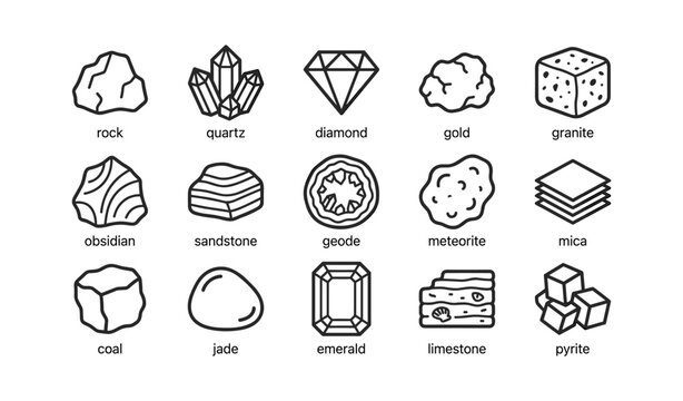 Mineral and gemstone icons displayed in labeled grid layout