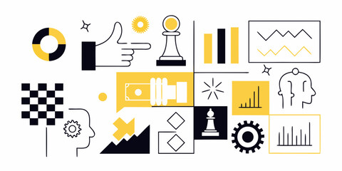 abstract business illustration with geometric shapes chess pieces and hand gestures on white background high quality professional detailed © Rabindrabath