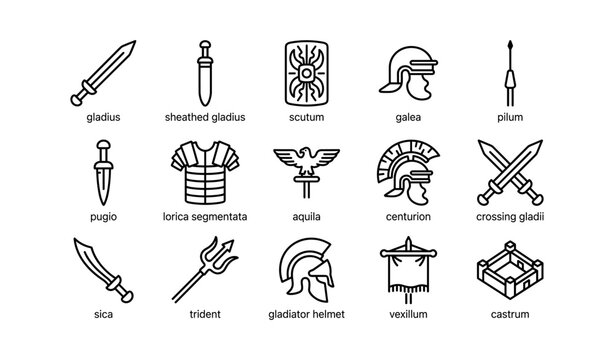 Roman weapons and armor icons arranged in grid layout