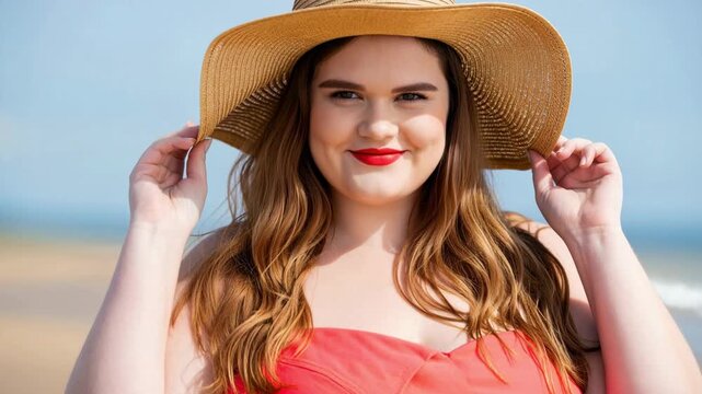 Curvy woman in red swimwear with wide brim straw hat on beach, plus size beachwear fashion, inclusive swimwear marketing, midsize style, body diversity, confidence focused clothing advert