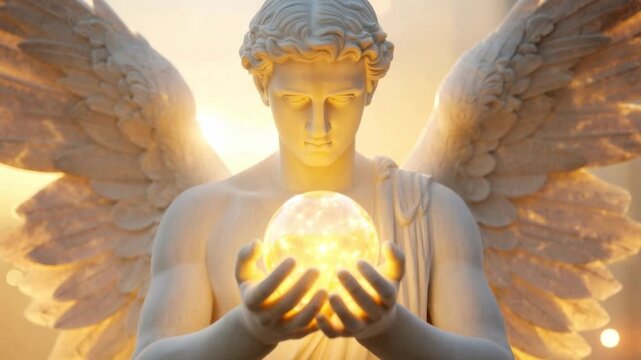 Angelic statue holding a glowing orb bathed in golden light, divine inspiration through celestial artistry, ethereal presence amid sunlit atmosphere, spiritual symbolism in serene setting
