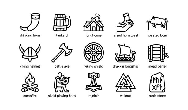 Viking and norse icons displayed with labels on white background