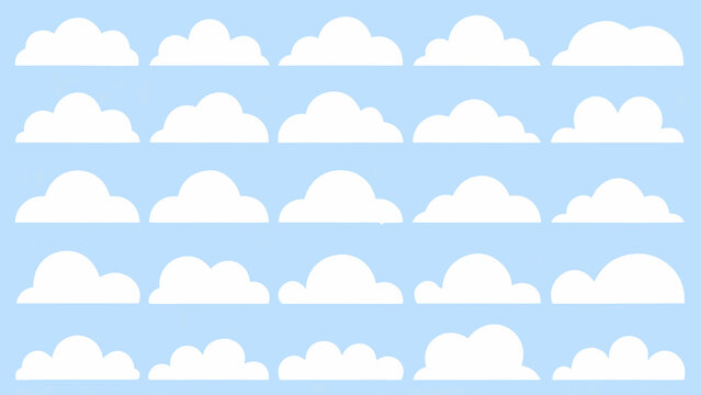 Flat white cloud pattern on a light blue background repeating whimsical cloud shapes in a grid high quality