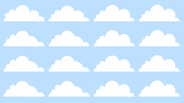 Flat white cloud pattern on light blue background repeating whimsical cloud shapes in a grid high quality professional