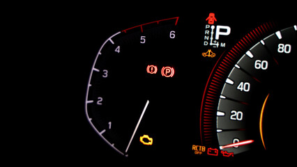 Fototapeta premium Car dashboard. Modern digital car dashboard with illuminated speedometer warning icons fuel gauge driver assistance and other indicators. Advanced automotive instrument cluster tech in future vehicle