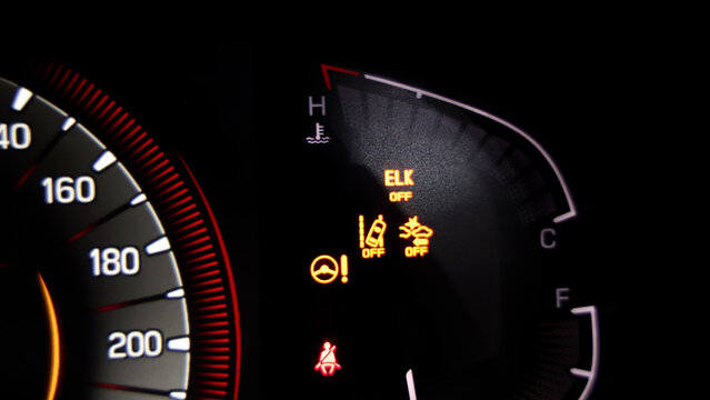 Car dashboard. Modern digital car dashboard with illuminated speedometer warning icons fuel gauge driver assistance and other indicators. Advanced automotive instrument cluster tech in future vehicle