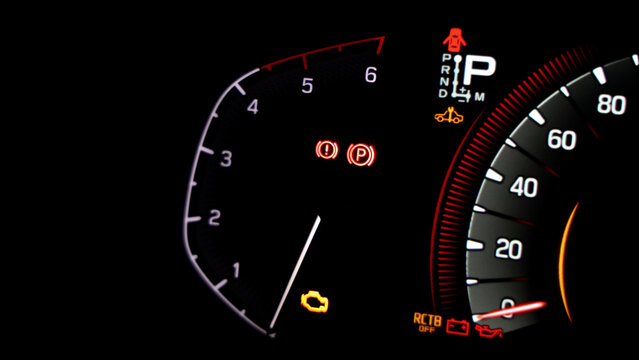 Car dashboard. Modern digital car dashboard with illuminated speedometer warning icons fuel gauge driver assistance and other indicators. Advanced automotive instrument cluster tech in future vehicle