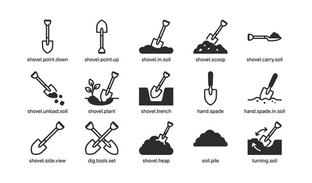Shovel and digging icons showing spade actions and soil interaction