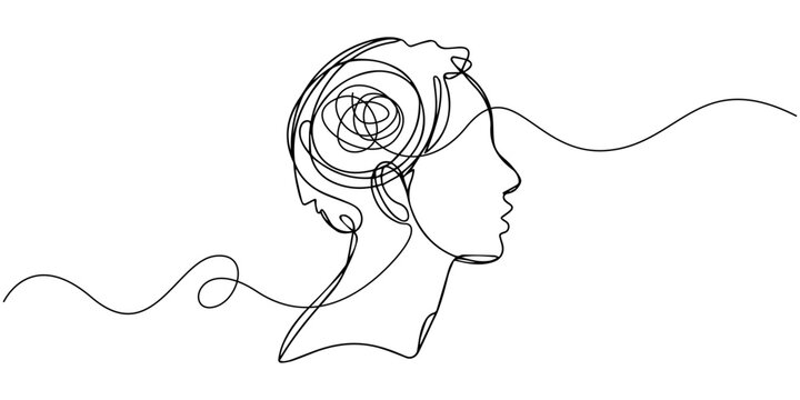 Human head in profile with brain in tangled line continuous one line drawing, Line art vector illustration, Confused feelings, Concept of bad mental health. Human head with confused feelings in one