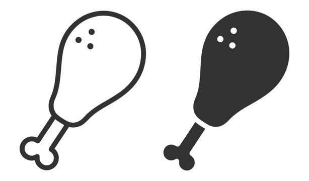 Chicken drumstick outline and glyph food icons with poultry meat symbols on transparent background