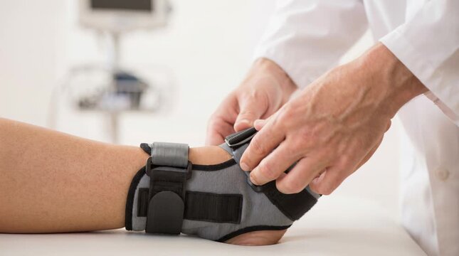 A healthcare worker puts a soft brace on a person's injured ankle in a clinic. The worker ensures the support is secure. This helps with the recovery of the injury