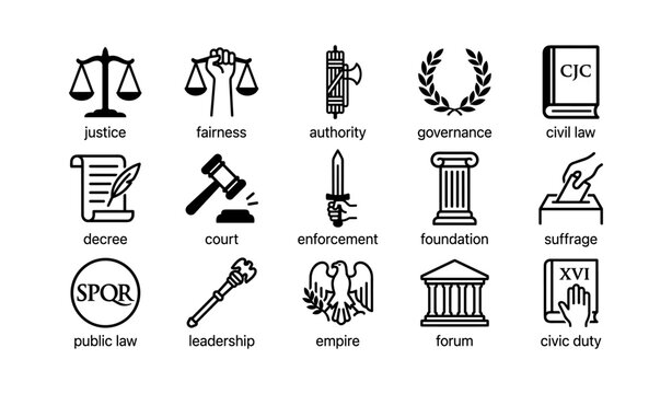 Law and governance icons showing justice symbols on white background