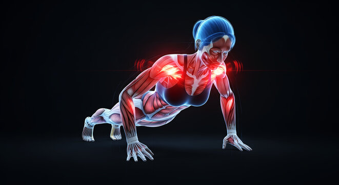 Anatomical View of Female Figure Performing Push Up with Glowing Pectoral and Triceps Muscles
