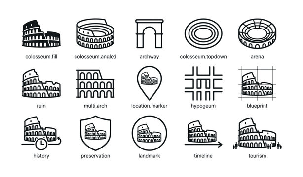 Colosseum and arena icons arranged in grid on white background