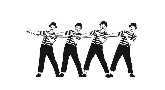 Four Mimes Pulling Rope Together in Synchronized Teamwork