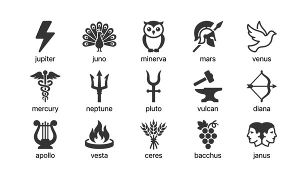 Roman deity and mythological icons arranged in labeled grid