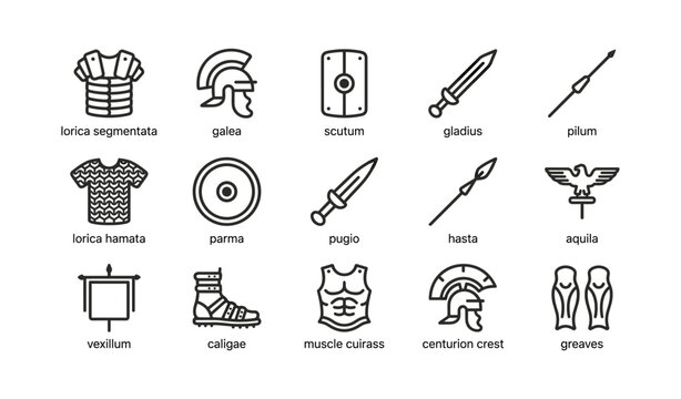 Roman military equipment icons arranged in grid on white background