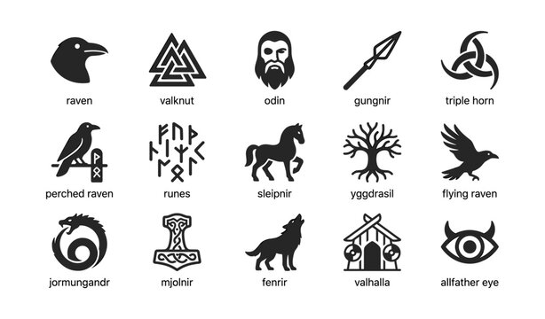 Norse symbols showing ravens runes and mythic figures on white