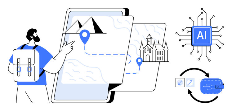 Travel, navigation, tourism, artificial intelligence, automation, digital tools. A man with a backpack pointing at a digital map, AI chip and automation icons. Travel and AI technology concept
