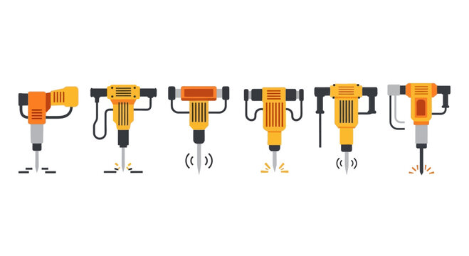 Set of jackhammers, construction tools, demolition equipment, vector illustration