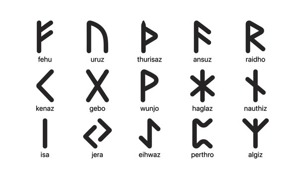 Runic alphabet symbols arranged in rows on white background