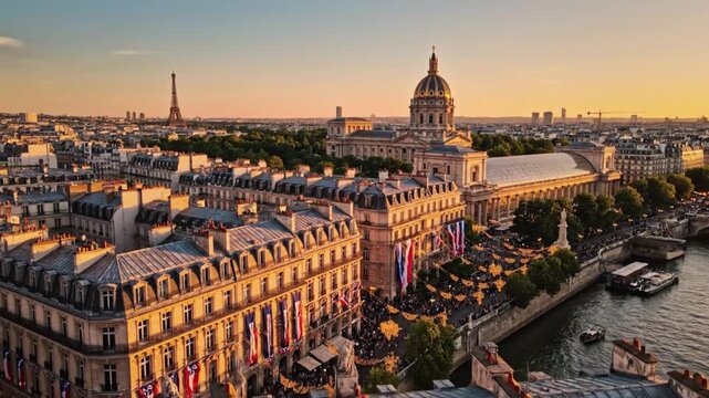 Aerial view of Paris city skyline at sunset with Eiffel Tower