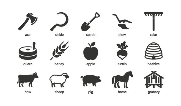 Agriculture and farm icons showing tools crops and animals