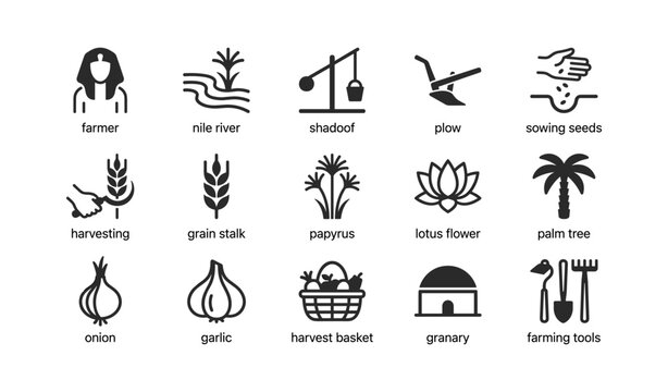 Farming icons depicting tools crops and nile river on white background