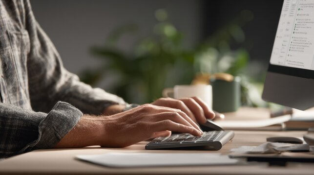 Hands Typing on Keyboard with Computer Monitor in Modern Workspace