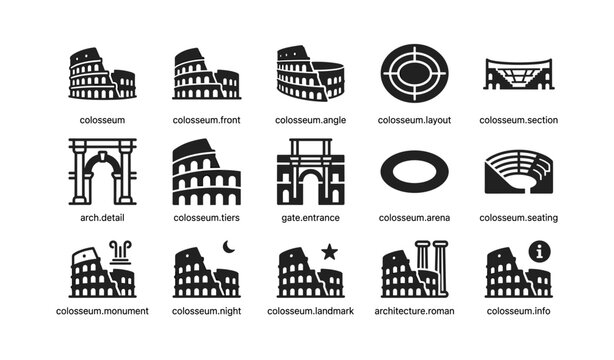 Colosseum icons and variants shown in organized grid layout