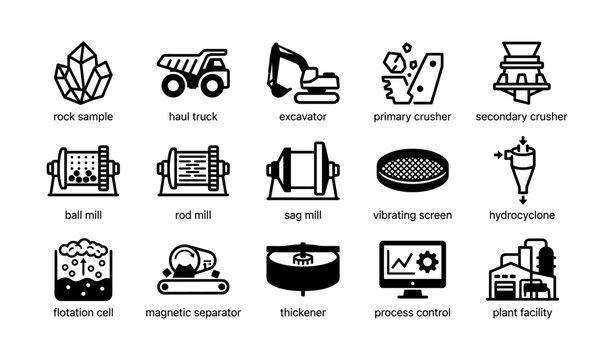 Mining equipment and processing icons on white background