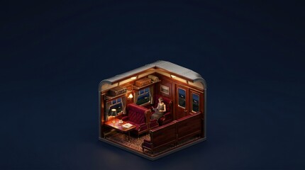 Obraz premium Woman reading inside a vintage luxury train cabin at night 3D render