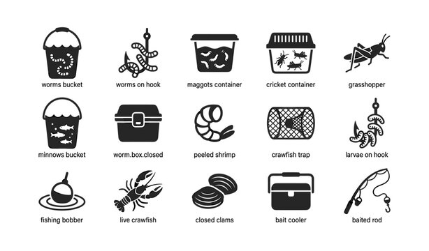 Fishing bait icons with worms hooks and live bait on white